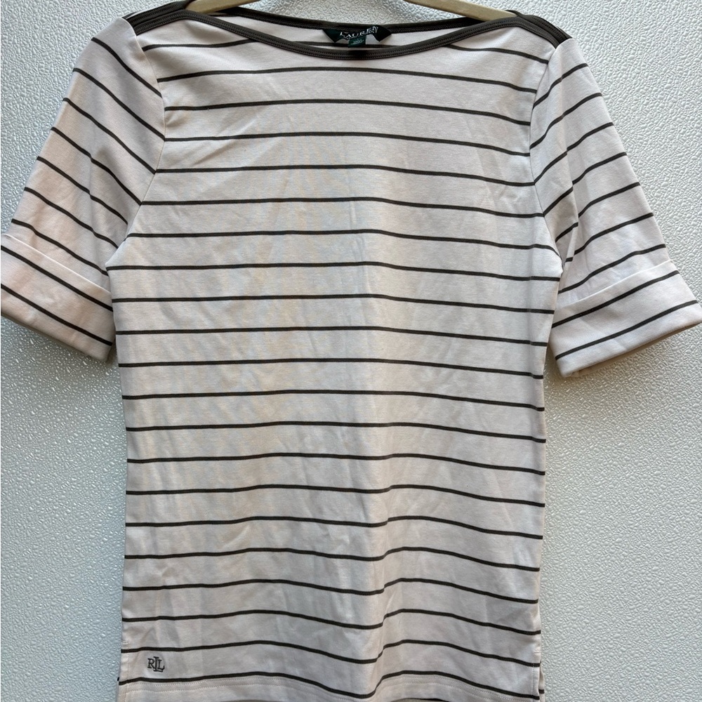 Lauren ralph Lauren boat neck striped Short Sleeve Top size Large preppy quality